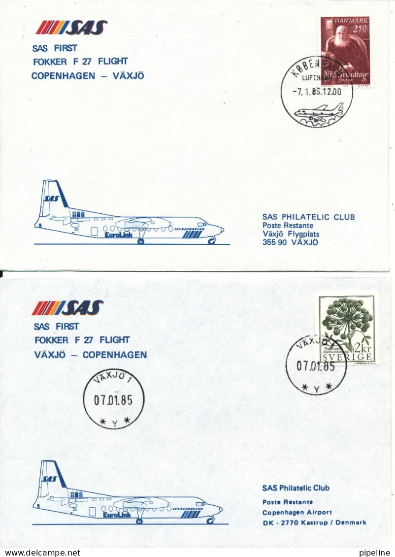 Denmark - Sweden SAS First Fokker F27 Flight Copenhagen - Växjö 7-1-1985 And Return 2 Covers - Cartas & Documentos