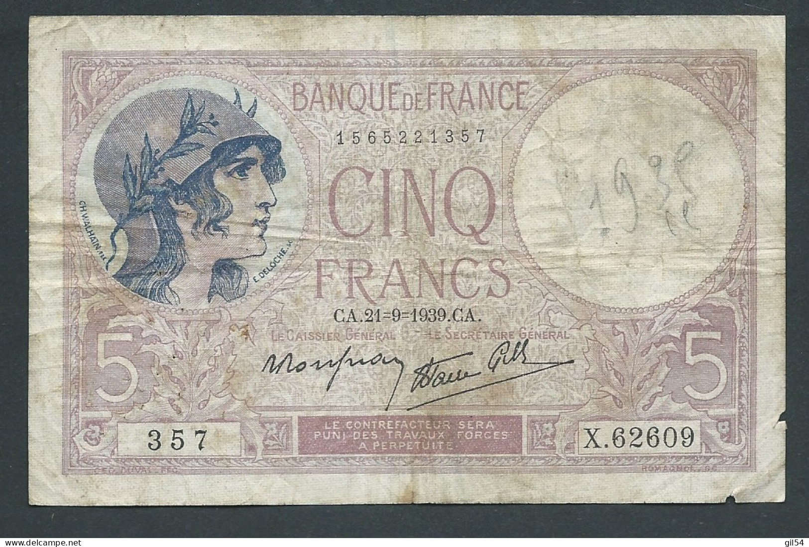 FRANCE 5 Francs  VIOLET  -  21/9/1939 -  357 X.62609-  Laura 13711 - 5 F 1917-1940 ''Violet''