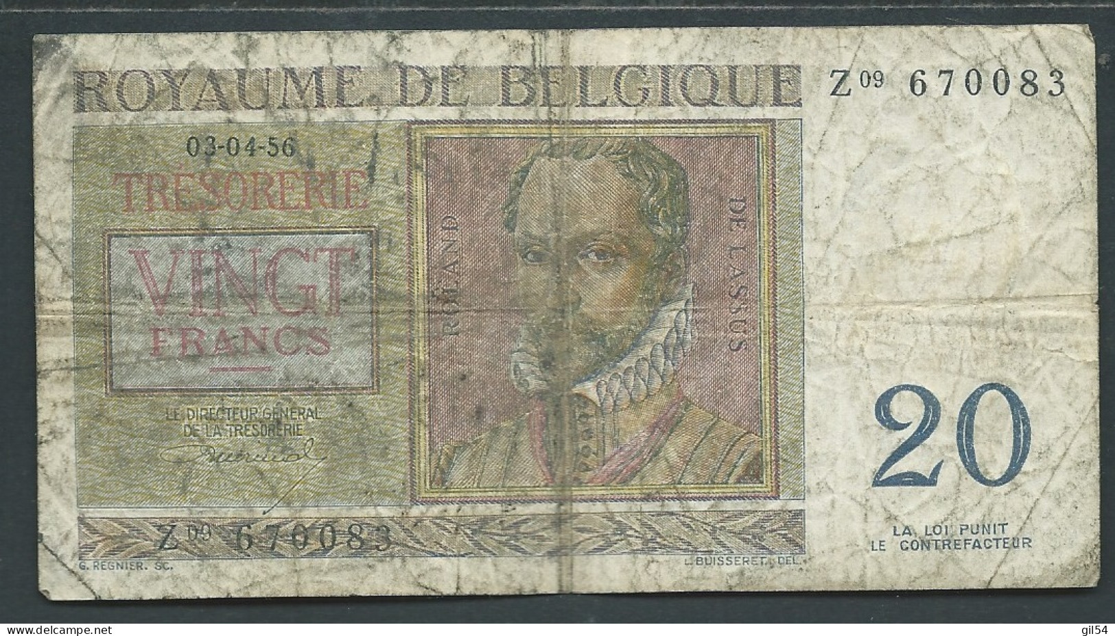 BELGIQUE 20 FRANCS 3-4-56  -  Z09 670083 -  Laura 13714 - 20 Francs