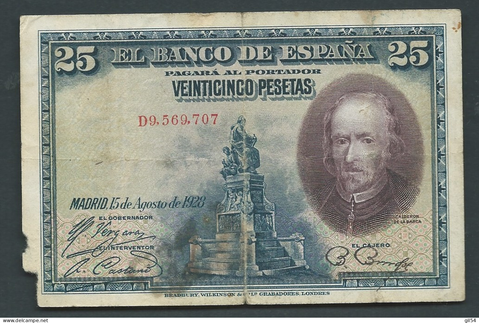 Espagne - Billet De 25 Pesetas - Pedro Calderon De La Barca - 15 Août 1928 - D9.569.707 -  Laura 13715 - 1-2-5-25 Pesetas