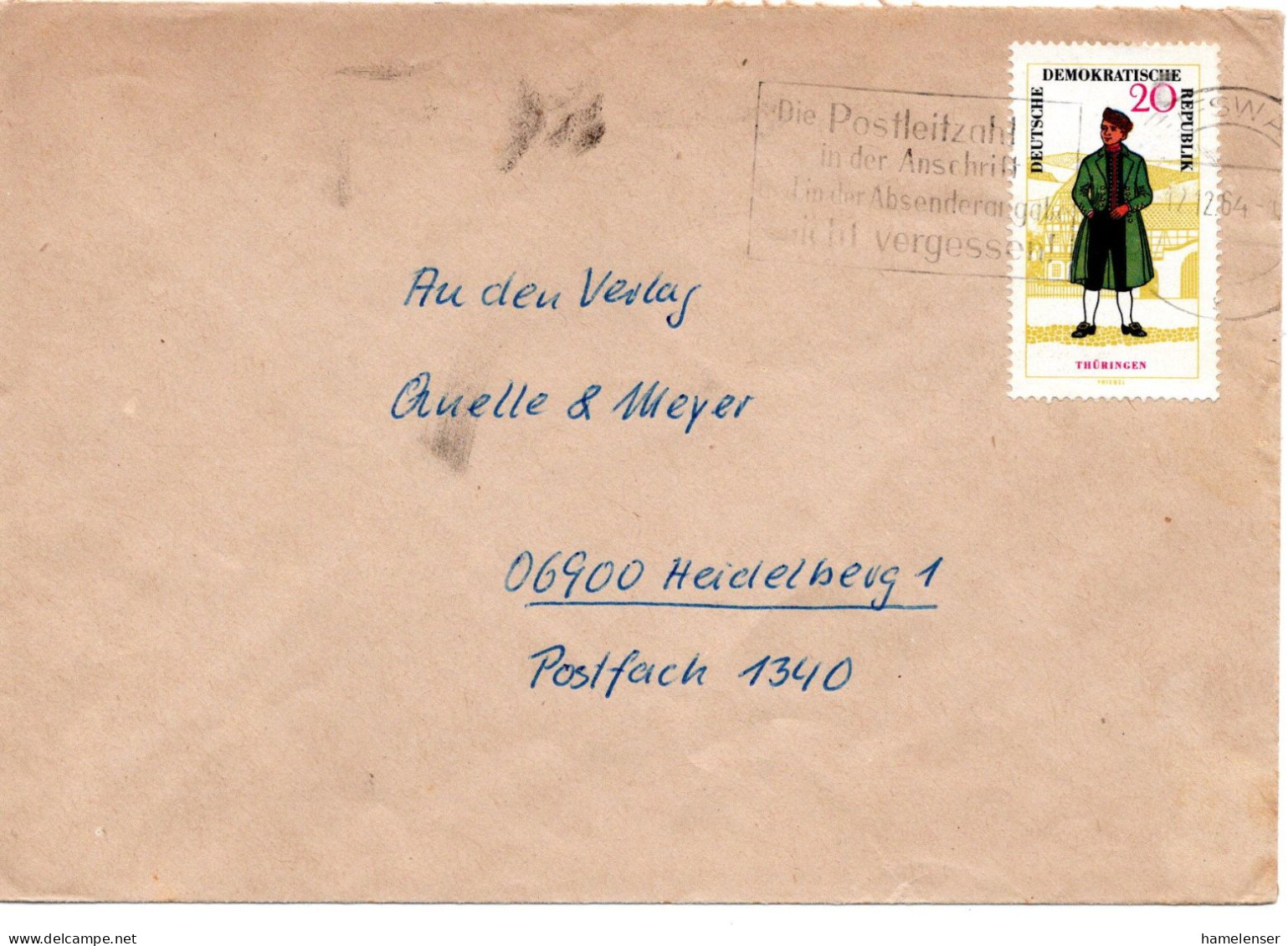 61344 - DDR - 1964 - 20Pfg Trachten A Bf GREIFSWALD - DIE POSTLEITZAHL ... -> Westdeutschland - Cartas & Documentos