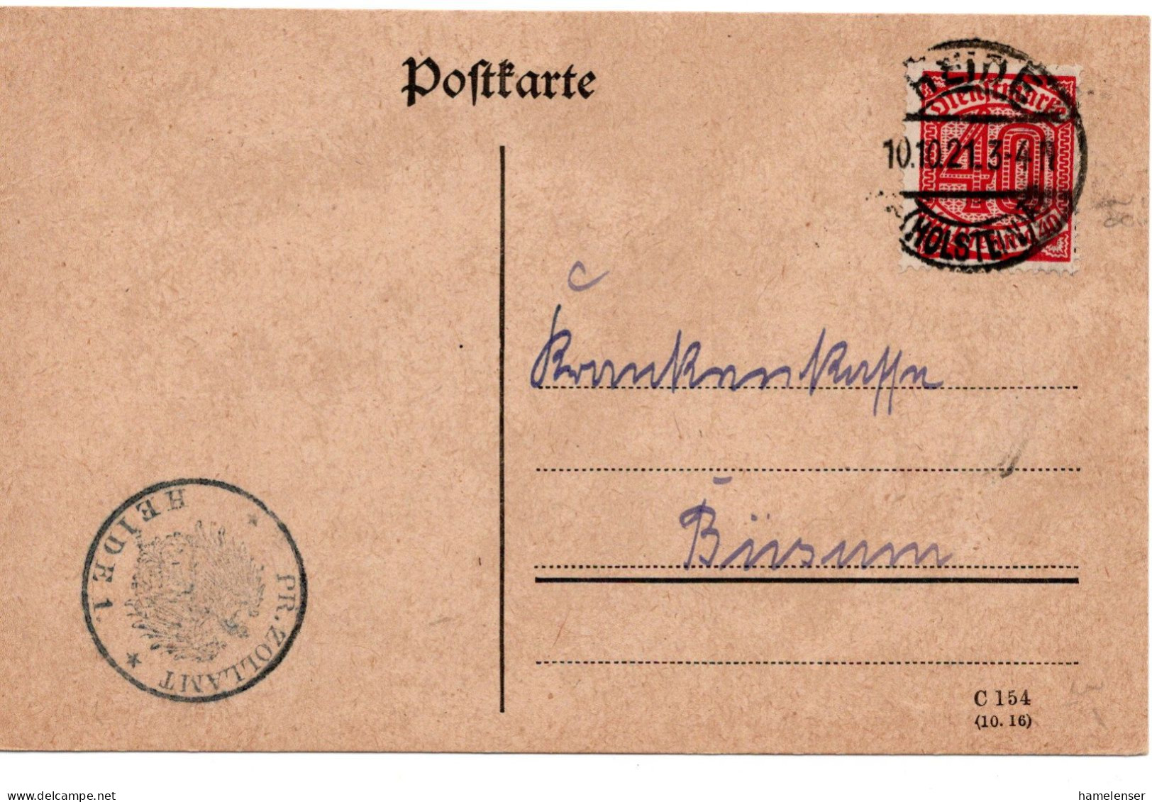 61347 - Deutsches Reich - 1921 - 40Pfg Dienst EF A Kte HEIDE -> Buesum, Abs: Zollamt Heide - Servizio