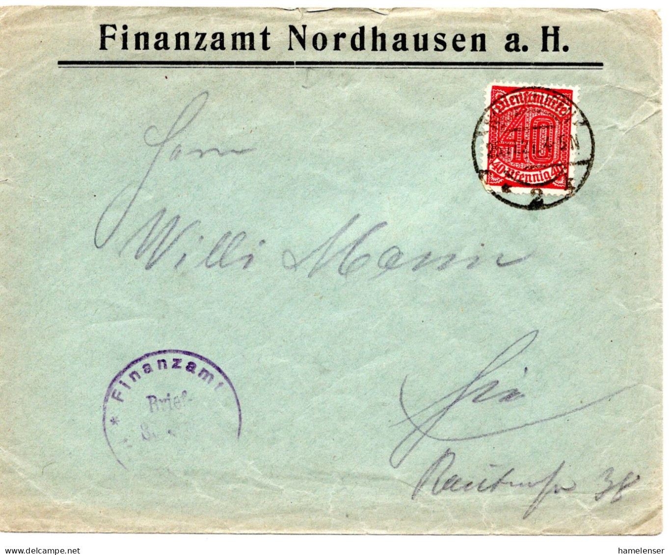 61348 - Deutsches Reich - 1921 - 40Pfg Dienst EF A OrtsBf NORDHAUSEN, Abs: Viehnanzamt Nordhausen - Servizio