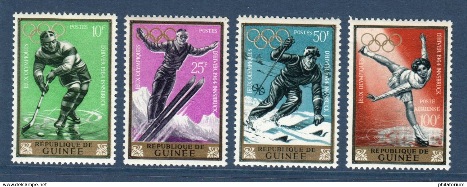 Guinée, **, Yv 195 à 197 + PA 41, Mi 235A à 238A, Sports D'hiver, JO Innsbruck 1964, - Inverno1964: Innsbruck