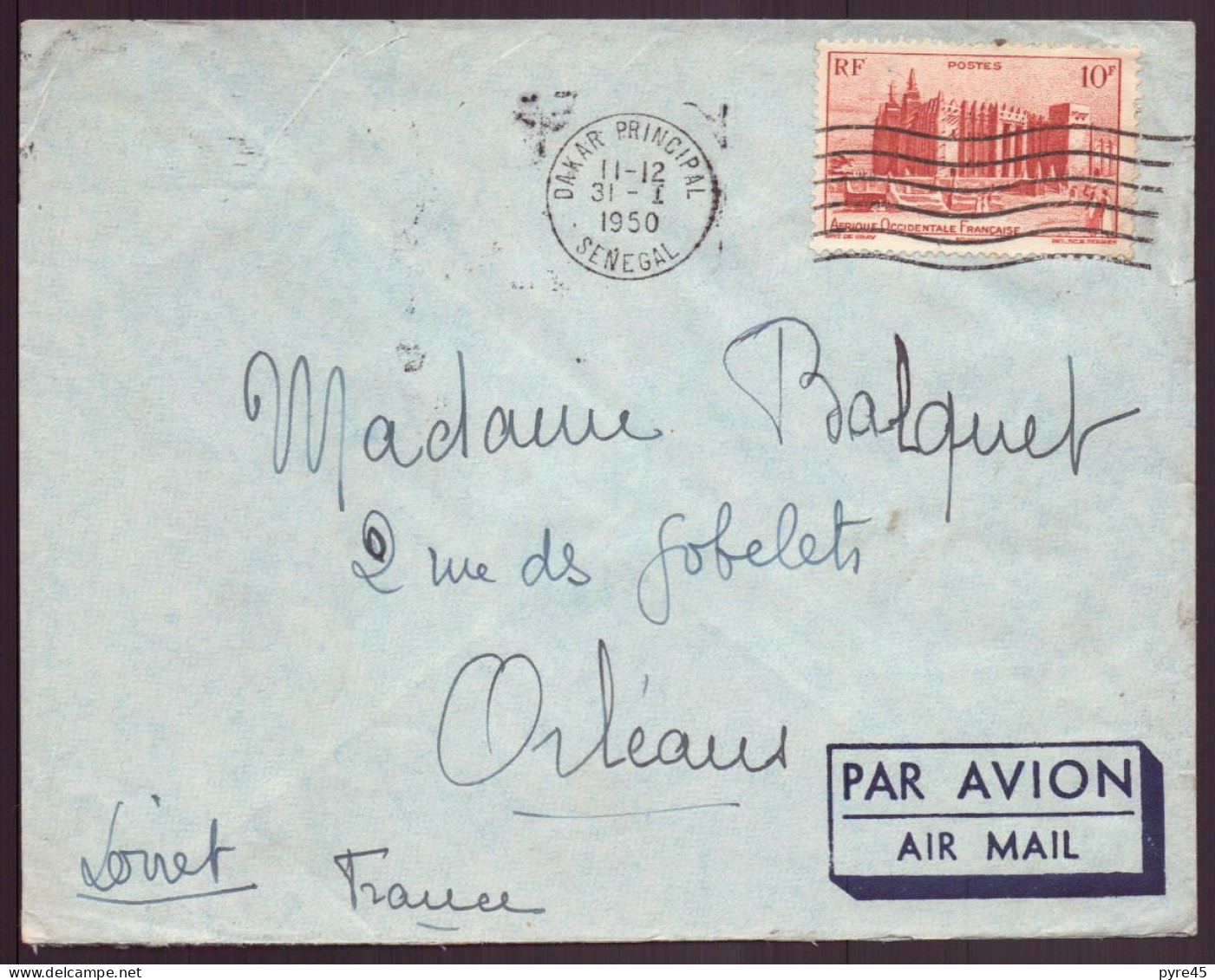 Sénégal, Enveloppe Du 31 Janvier 1950 De Dakar Pour Orléans - Other & Unclassified