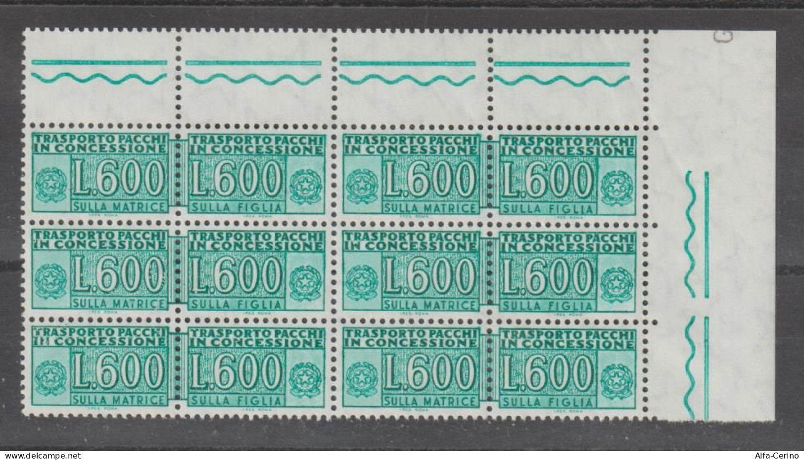 REPUBBLICA: 1955/81  PACCHI  IN  CONCESSIONE  -  £. 600  VERDE  SMERALDO  BL. 6  N. -  SASS. 20 - Concessiepaketten