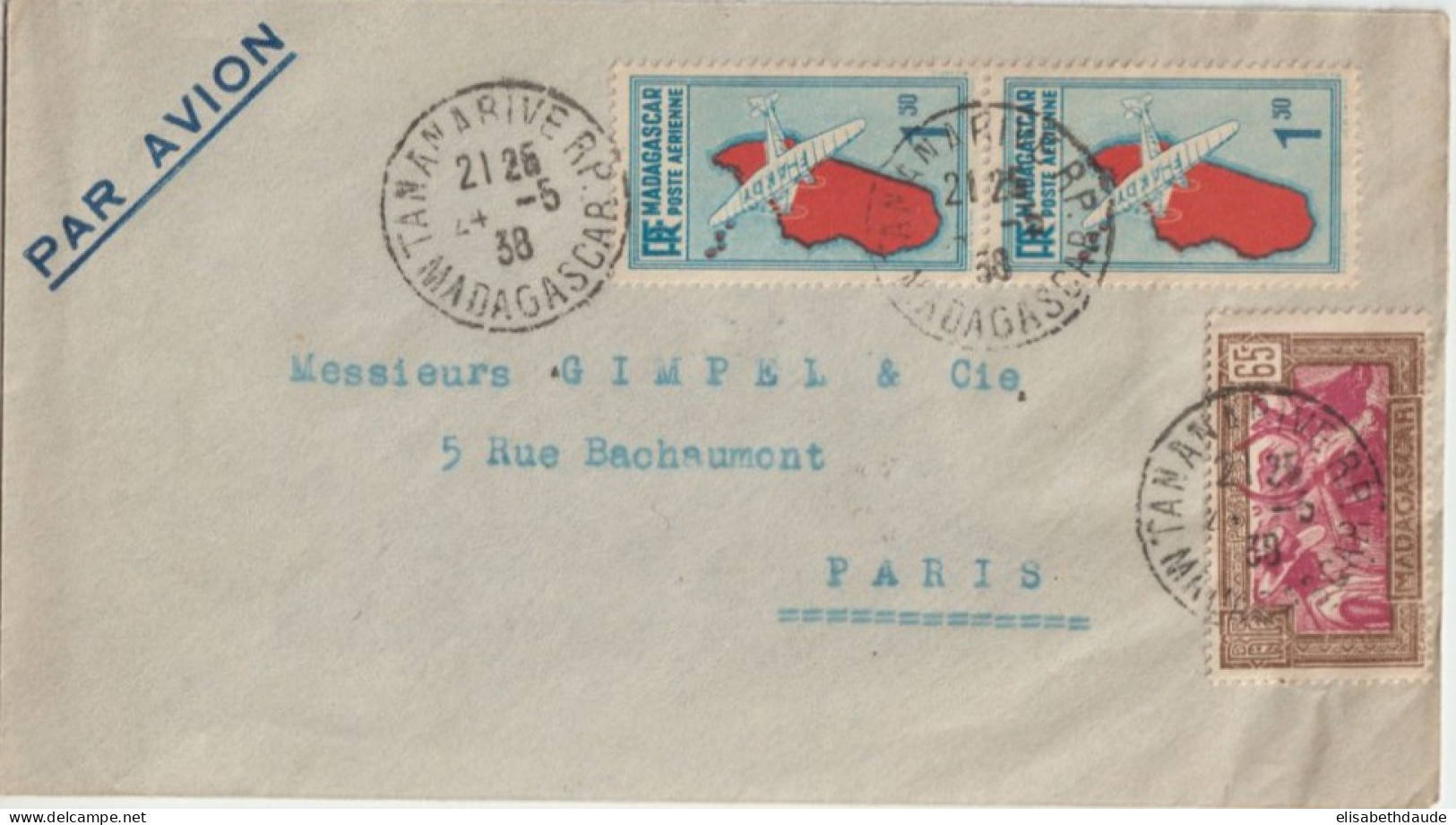 MADAGASCAR - 1938 - POSTE AERIENNE Sur ENVELOPPE De TANANARIVE => PARIS - Covers & Documents