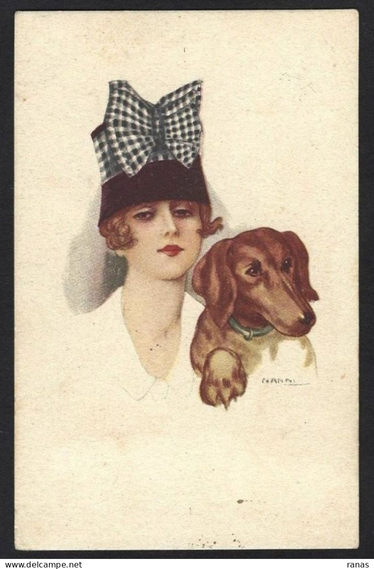 CPA NANNI Art Déco Femme Girl Woman Circulé Illustrateur Italien Italie Mode Chapeau Teckel Dachshund - Nanni