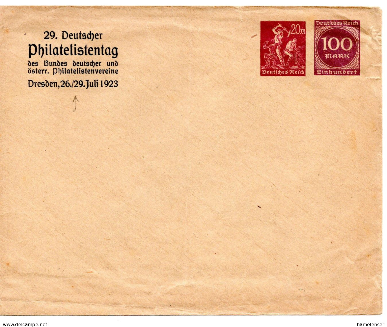 61368 - Deutsches Reich - 1923 - 20M&100M PGAUmschlag "29.Dt Philatelistentag", Ungebraucht, Kl Mgl - Sonstige & Ohne Zuordnung