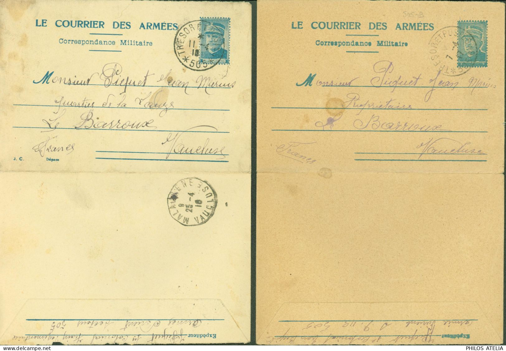 Guerre 14 CP FM Le Courrier Des Armées Joffre 2 Cartes Lettres Armée D'Orient Secteur Postal Trésor & Postes 505 + 505 B - Guerra De 1914-18