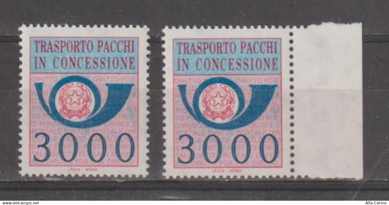 REPUBBLICA: 1984  PACCHI  IN  CONCESSIONE  -  £. 3.000  AZZURRO  E  ROSA  LILLA  N. -  RIPETUTO  2  VOLTE  - SASS. 22 - Pacchi In Concessione