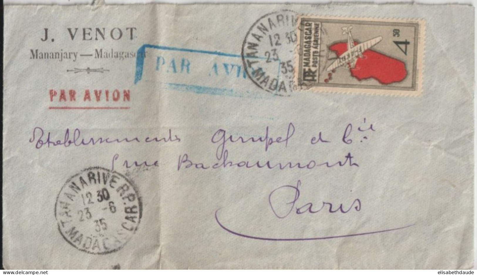 MADAGASCAR - 1935 - POSTE AERIENNE 4.5F SEUL SUR LETTRE - ENVELOPPE De MANANJARY => PARIS - Cartas & Documentos