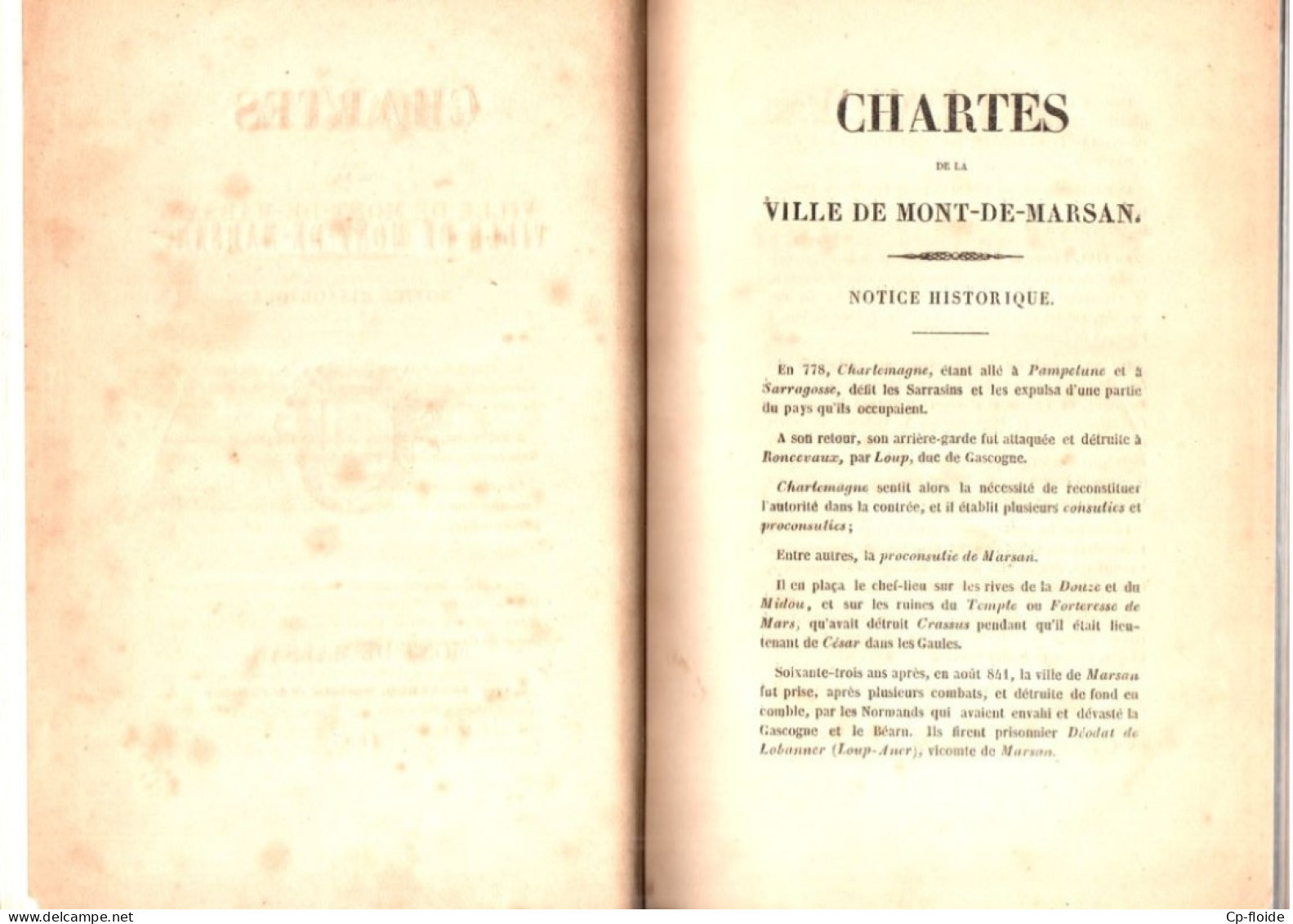 LIVRE . LANDES . " CHARTES DE LA VILLE DE MONT DE MARSAN " . VEUVE LECLERQ, IMPRIMEUR DE LA PRÉFECTURE - Réf. N°254L - - Aquitaine