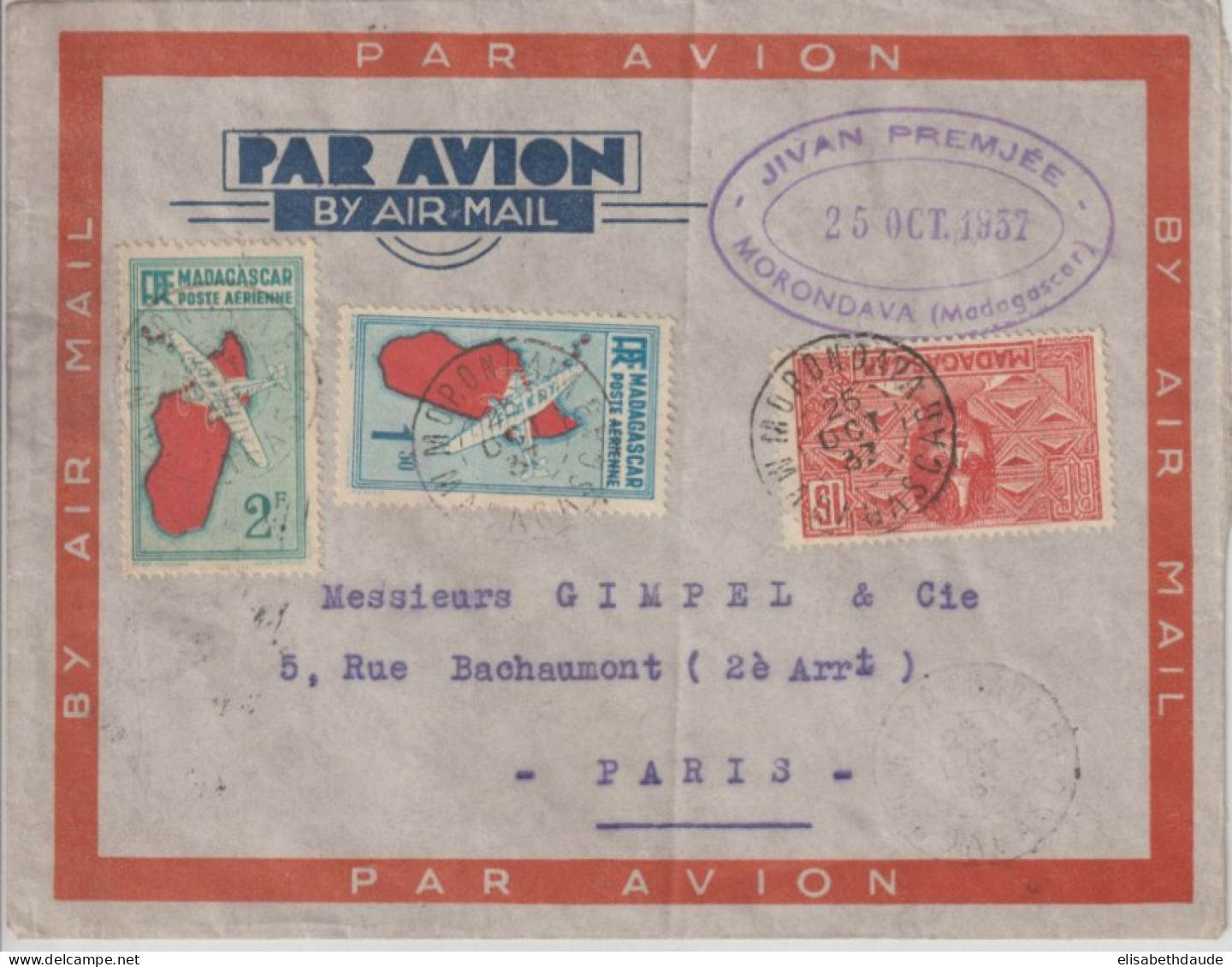 MADAGASCAR - 1937 - POSTE AERIENNE SUR LETTRE - ENVELOPPE De MORONDAVA ! => PARIS - Briefe U. Dokumente