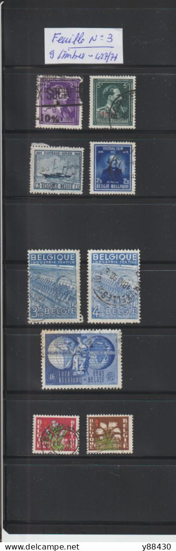 BELGIQUE - entre  N° 427 et 836 de 1936 / 1950 - 71 timbres oblitérés en 3 feuillets - Léopold 3 & Croix-Rouge - 8 scan