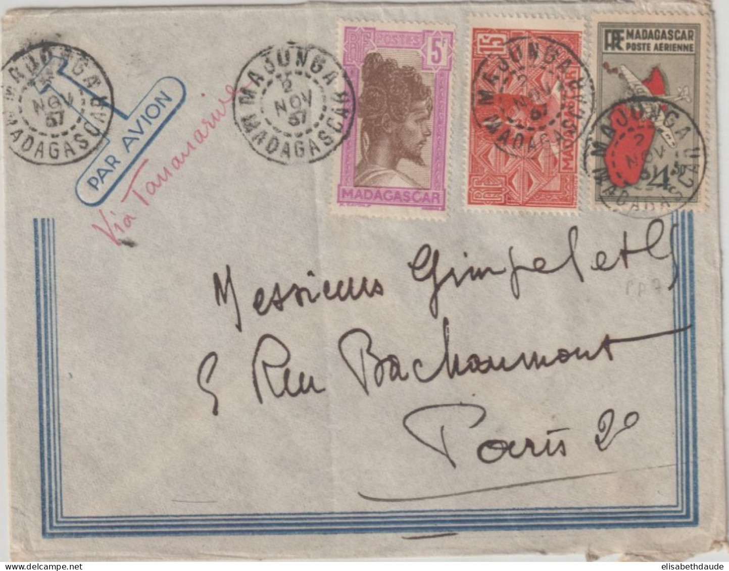 MADAGASCAR - 1937 - POSTE AERIENNE 4F50 RARE SUR LETTRE - ENVELOPPE De MAJUNGA => PARIS - Cartas & Documentos
