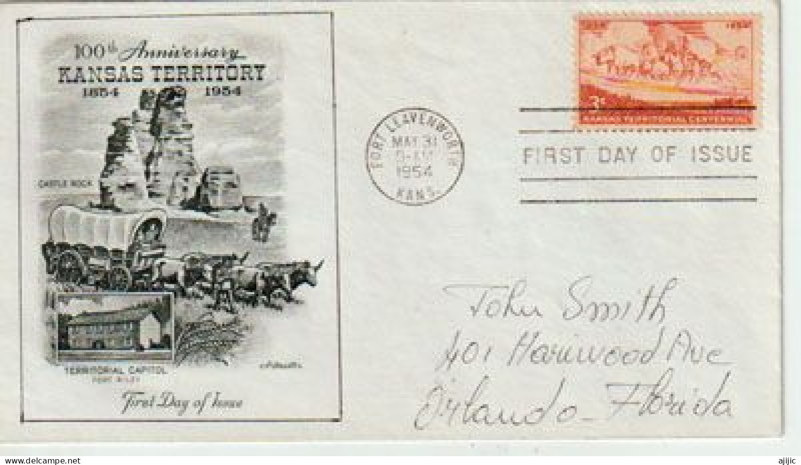 History Of The Far West:Stagecoach And Wagon On The Overland Trail Passing Castle Rock (Kansas) Year 1854. FDC 1954 - American Indians