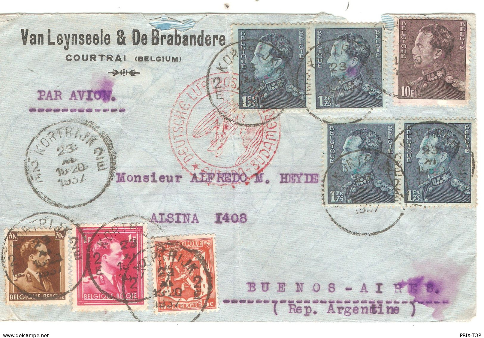 TP 430(4) Nuance-434 Poortman + TP  S/L.Avion Obl. Kortrijk 23/11/1937 > Buenos-Aires Via Lufthansa + BXL C. D'arrivée - Lettres & Documents