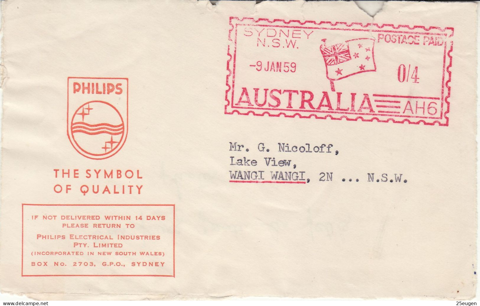 AUSTRALIA 1959 LETTER SENT TO WANGI WANGI / PART OF COVER / - Brieven En Documenten