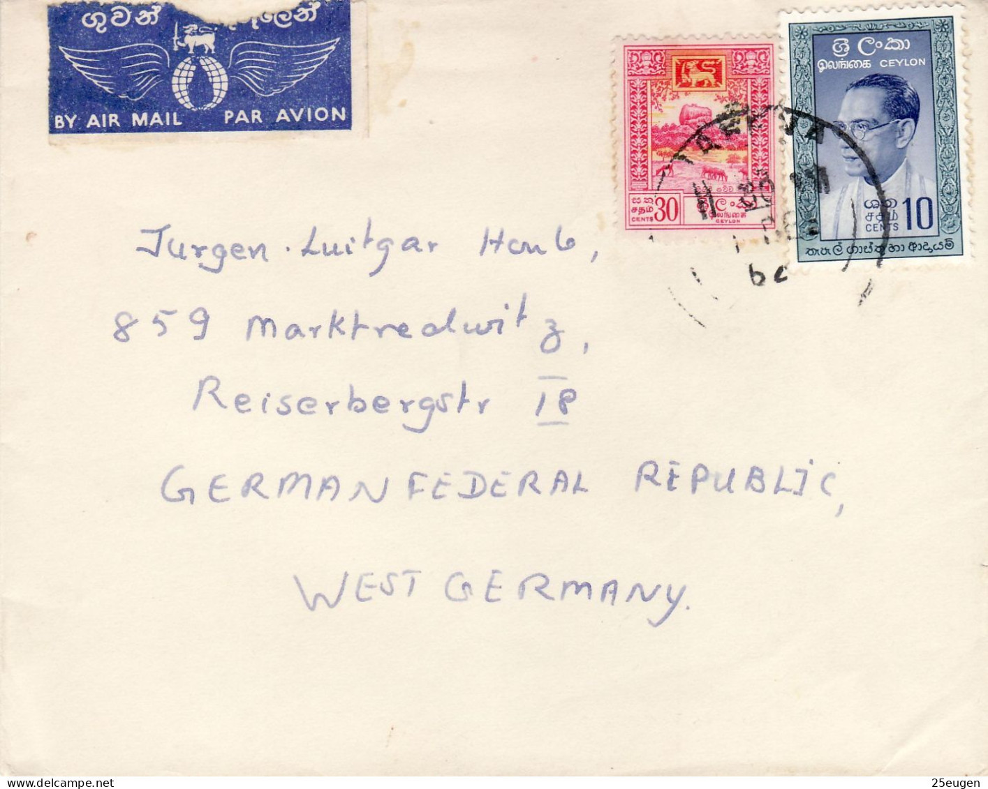 CEYLON 1962 AIRMAIL  LETTER SENT FROM JAFFNA TO MARKTREDWITZ - Sri Lanka (Ceylan) (1948-...)