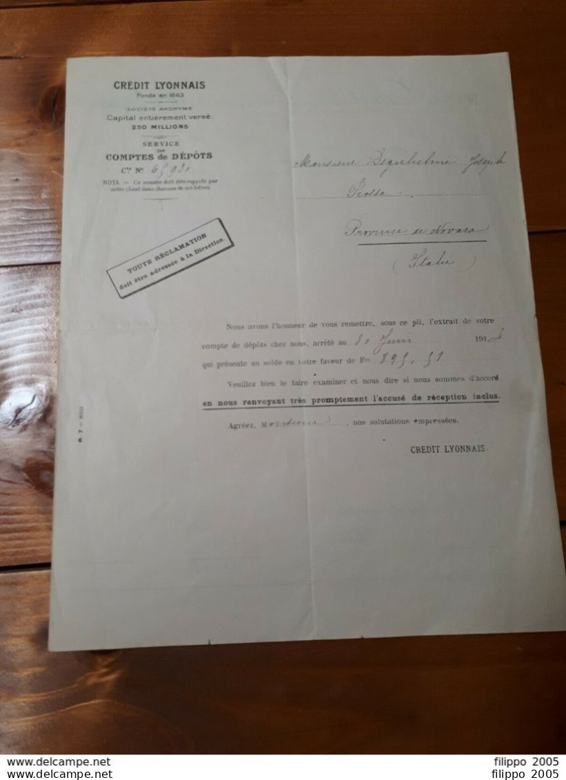 1914 CREDIT LYONNAIS ESTRATTO CONTO - EXTRAIT DE COMPTE - Bank En Verzekering