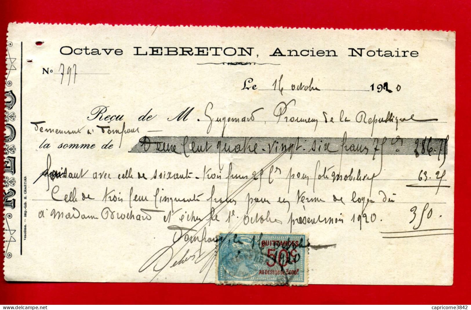 1920 - Timbre De Quittance Type "Médaillon De Tasset"  "Quittances 50c Au Dessus De 3000f " - Tp N° 20 - Lettres & Documents