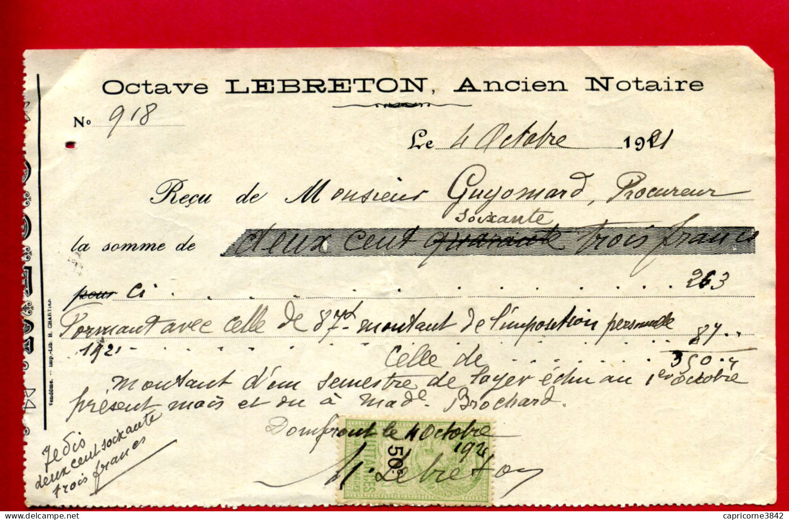 1921 - Timbre De Quittance Type "Médaillon De Tasset" 50c "Quittances Reçu Et Décharges" - Tp N° 13 - Covers & Documents