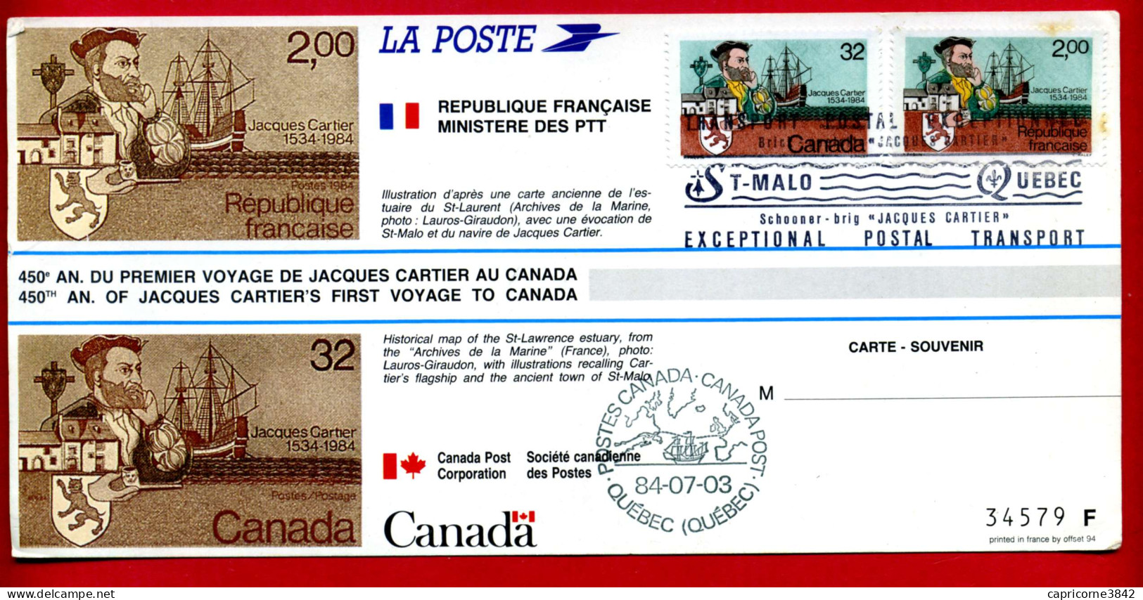 1984 - Carte Commémorative Pour 450e Anniv. Du 1er Voyage De Jacques Cartier Eu Canada - Tp Fr 2307- Canada 869 - Gedenkausgaben