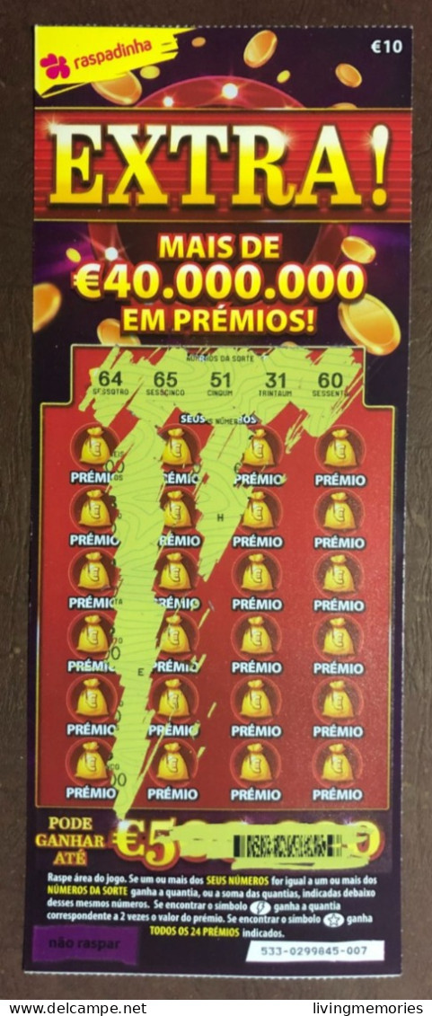 116 G, Lottery Ticket, Portugal, « Raspadinha », « Instant Lottery »,« EXTRA ! Mais De € 40.000.000 Em Prémios », Nº 533 - Billetes De Lotería