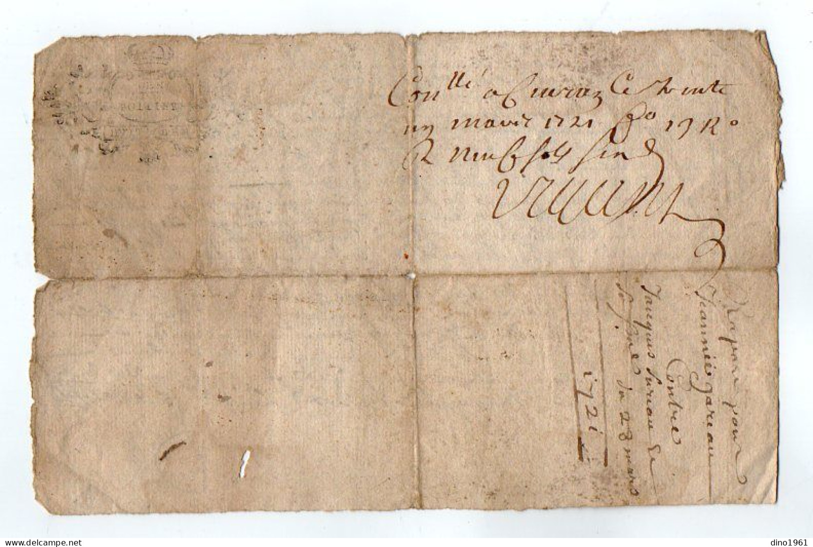 VP22.877 - Cachet De Généralité De POITIERS - Acte De 1721 - - Timbri Generalità