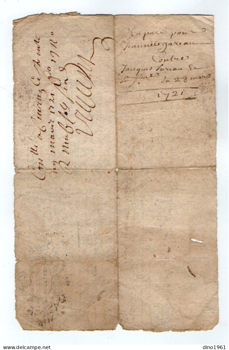 VP22.877 - Cachet De Généralité De POITIERS - Acte De 1721 - - Algemene Zegels