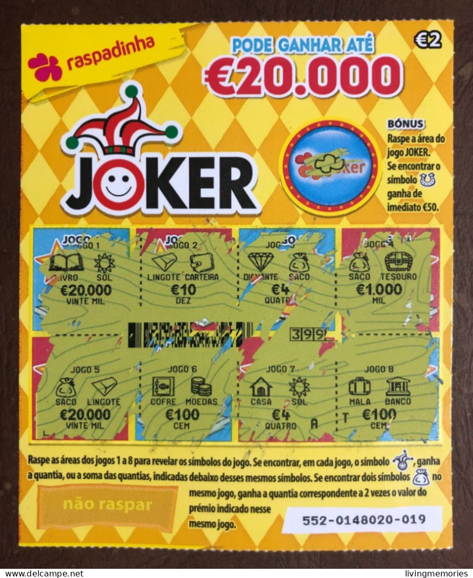 116 G, Lottery Tickets, Portugal, « Raspadinha », « Instant Lottery », « JOKER Pode Ganhar Até € 20.000 », Nº 552 - Billetes De Lotería