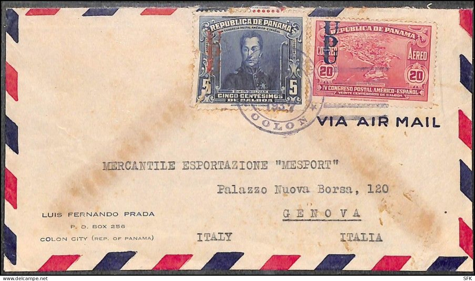 1937 Airmail UPU From Panama To Genua - Panama