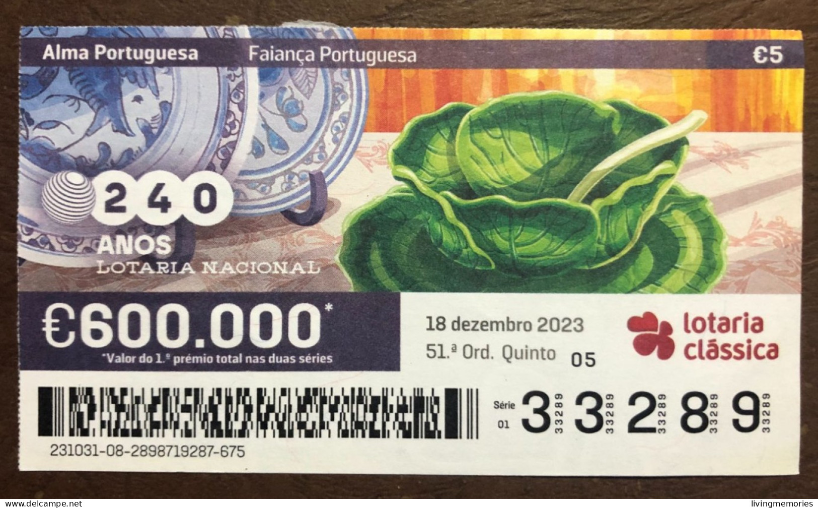 116 G, 1 X Lottery Ticket, Portugal, «Alma Portuguesa»,«Portuguese Soul» « Faiança », « Faience », 2023 - Billetes De Lotería