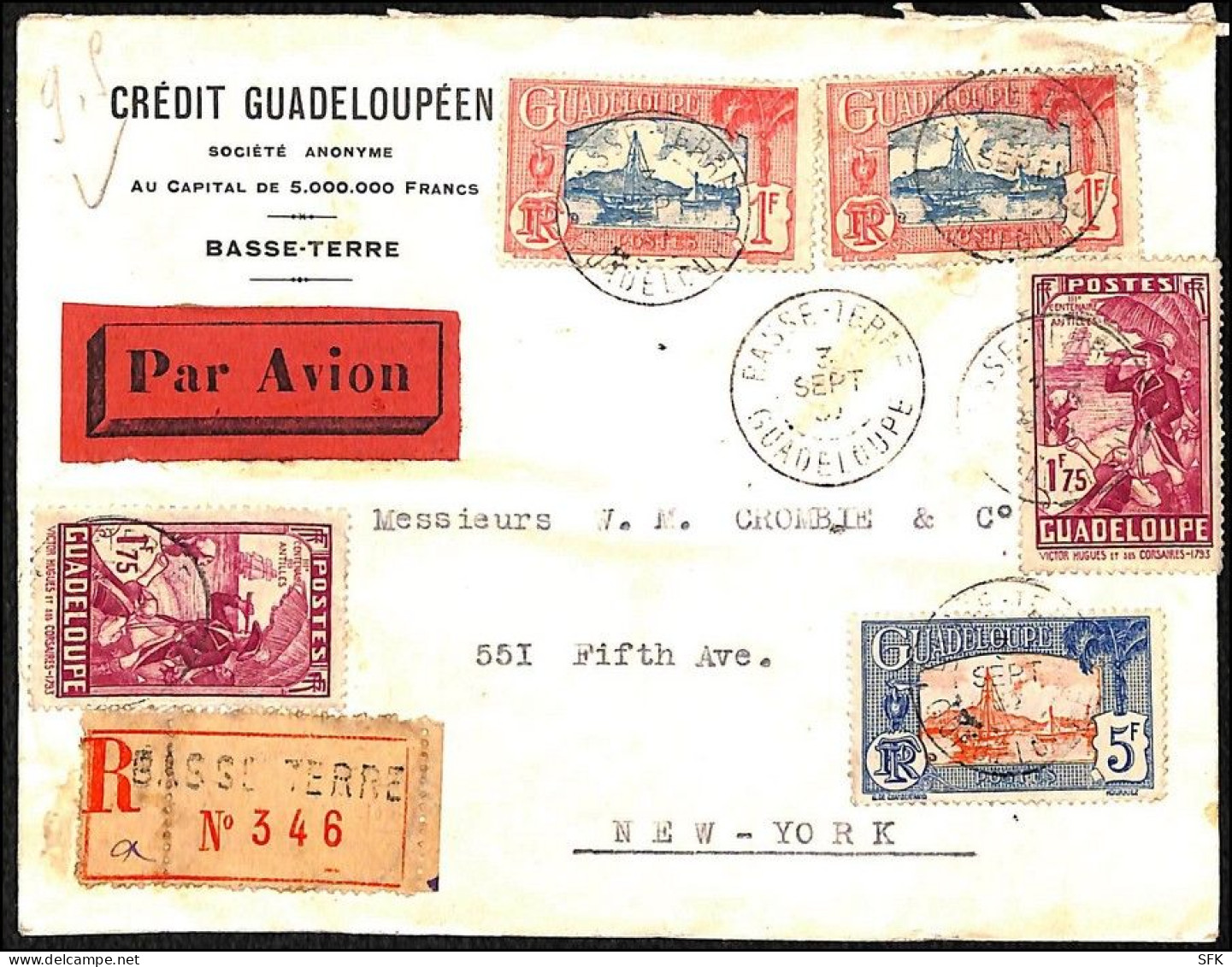 1937 Attractive Registered Four-color Airmail From Guadalupe To New York - Poste Aérienne