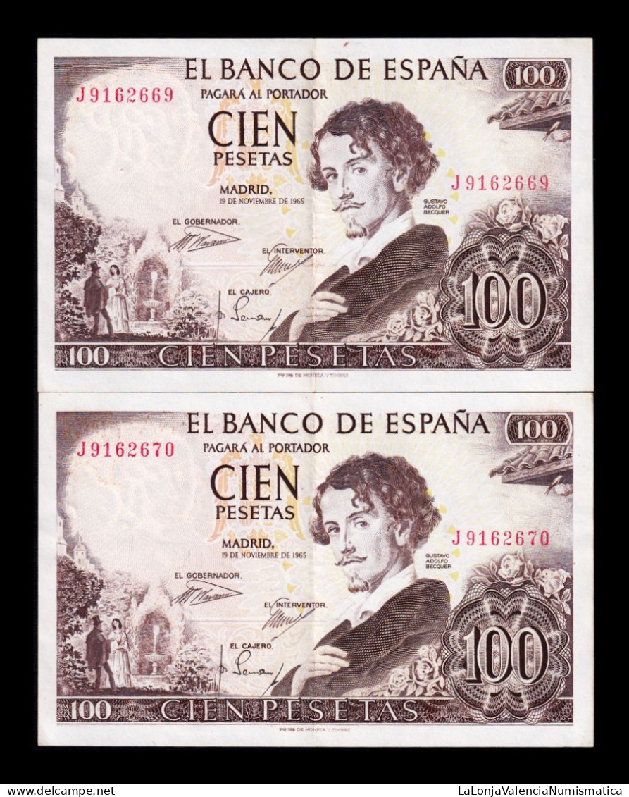 España Spain Pareja Correlativa 100 Pesetas Becquer 1965 Pick 150 Serie J Ebc Xf - 100 Peseten