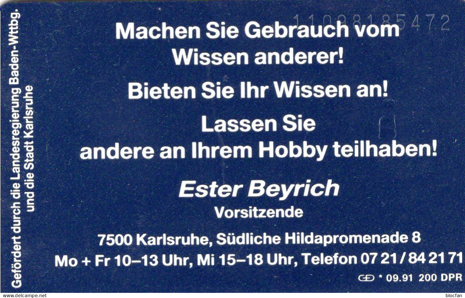 Wissens&Hobby-Börse TK N *09.1991(K459)200Expl.** 100€ Visitenkarte Kunst In BW Karlsruhe TC VIP Art On Telecard Germany - V-Series : VIP & Visiting Cards