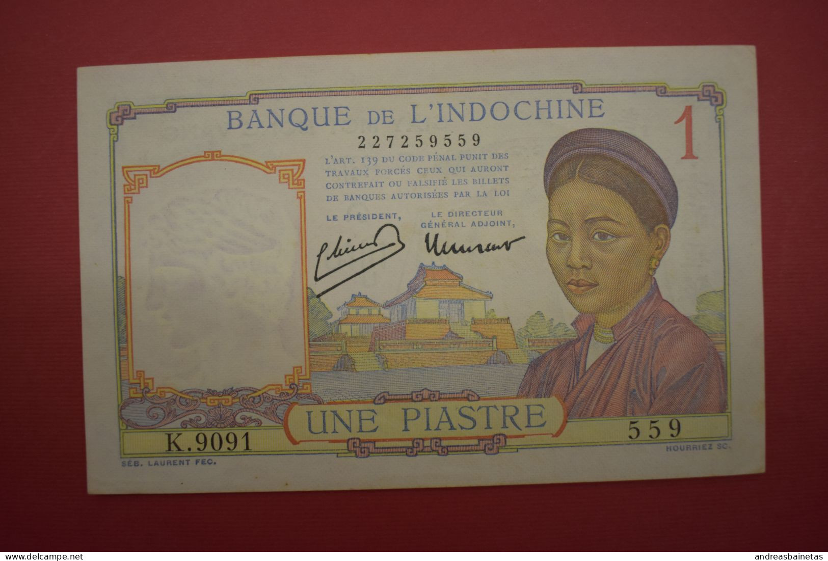 Banknotes  French Indochina 1 Piastre Red Numeral - Indochina