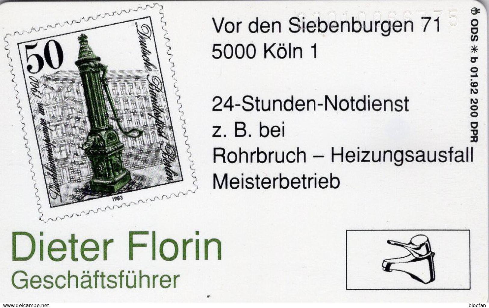 Wasser-Pumpe TK N *b 01/1992 200Expl.(K636) ** 90€ Visiten-Karte Geschäftsführer TC Berlin #689 Stamps Phonecard Germany - Briefmarken & Münzen