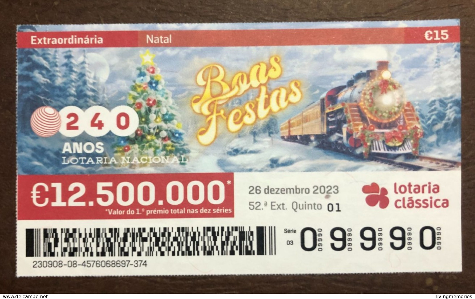 116 G, 1 X Lottery Ticket, Portugal, « Natal », « Christmas », « Comboios », « Trains », « Capicua », 2023 - Billetes De Lotería