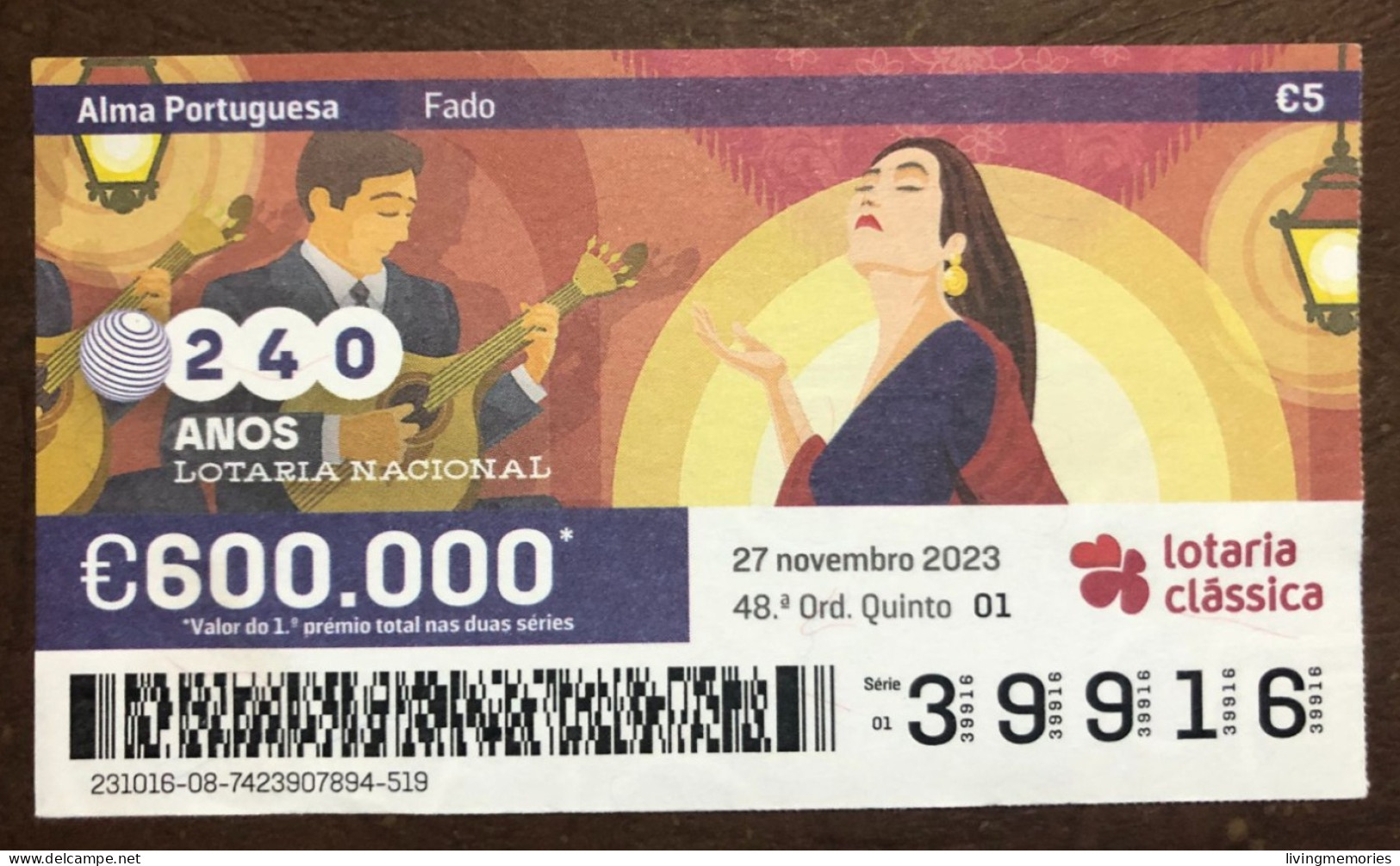 116 G, 1 X Lottery Ticket, Portugal, « Alma Portuguesa »,« Portuguese Soul » « Fado », « Songs », « Guitar », 2023 - Billetes De Lotería