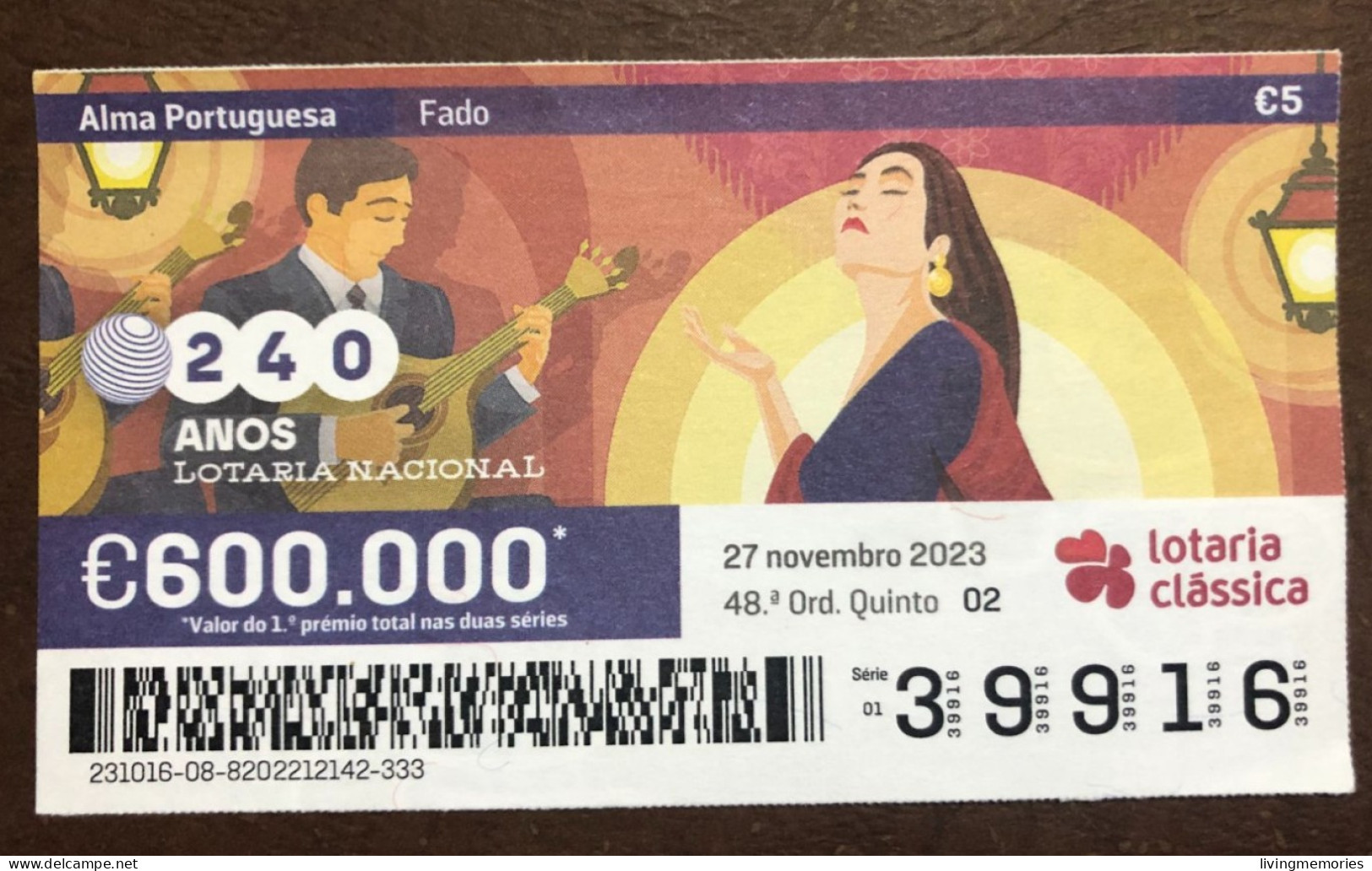 116 G, 1 X Lottery Ticket, Portugal, « Alma Portuguesa »,« Portuguese Soul » « Fado », « Songs », « Guitar », 2023 - Billetes De Lotería