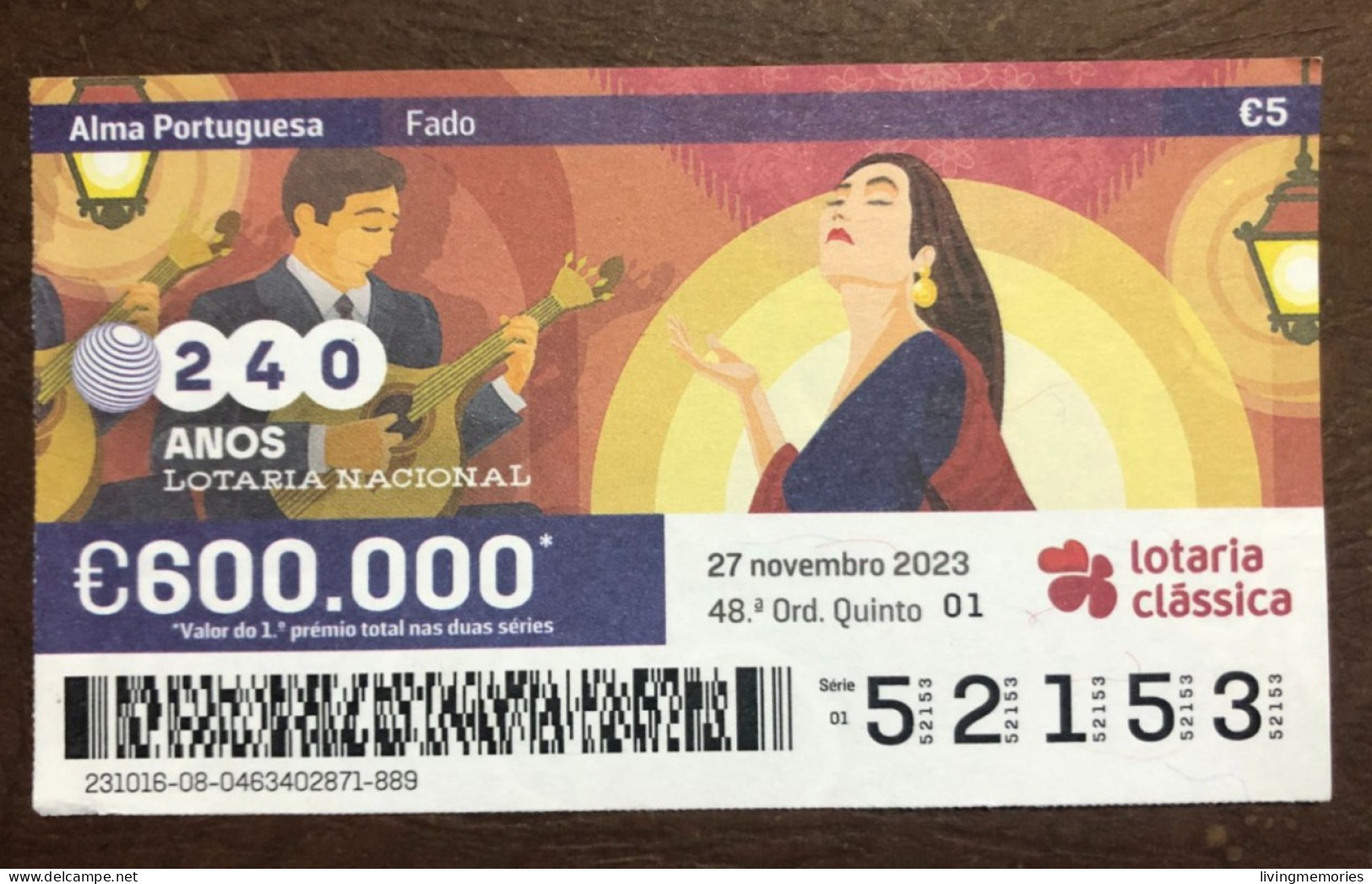 116 G, 1 X Lottery Ticket, Portugal, « Alma Portuguesa »,« Portuguese Soul » « Fado », « Songs », « Guitar », 2023 - Billetes De Lotería