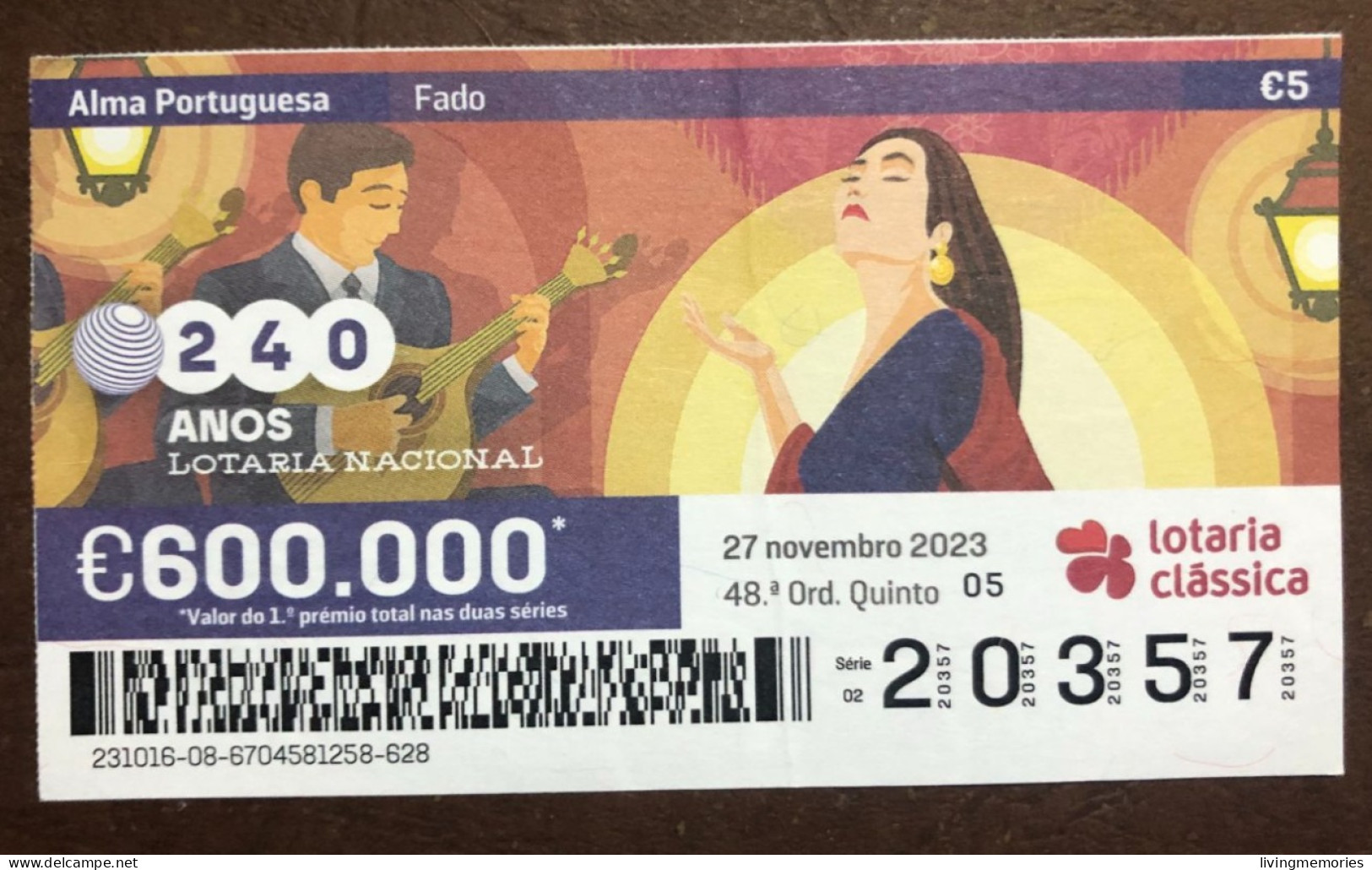 116 G, 1 X Lottery Ticket, Portugal, « Alma Portuguesa »,« Portuguese Soul » « Fado », « Songs », « Guitar », 2023 - Billetes De Lotería