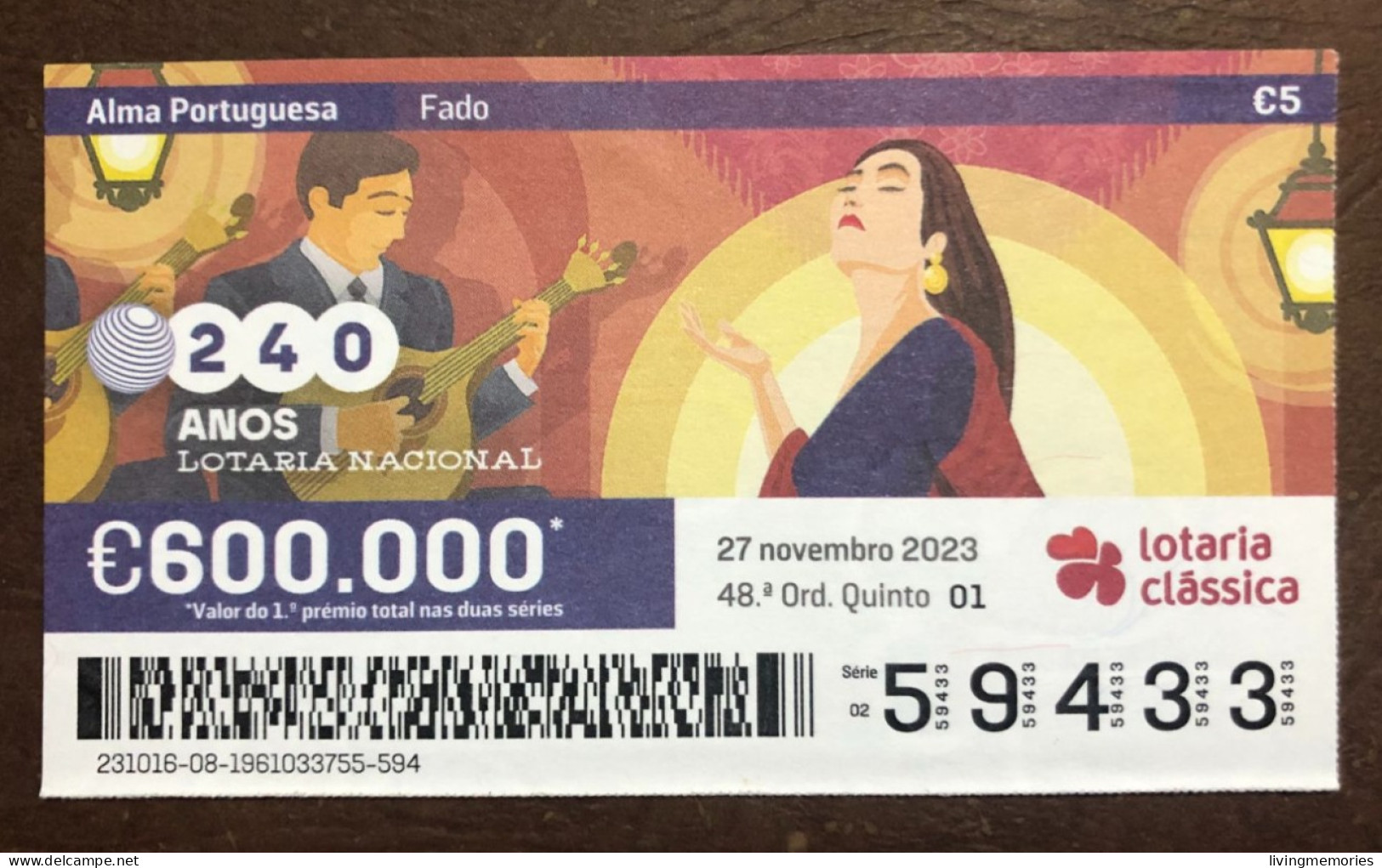 116 G, 1 X Lottery Ticket, Portugal, « Alma Portuguesa »,« Portuguese Soul » « Fado », « Songs », « Guitar », 2023 - Billetes De Lotería