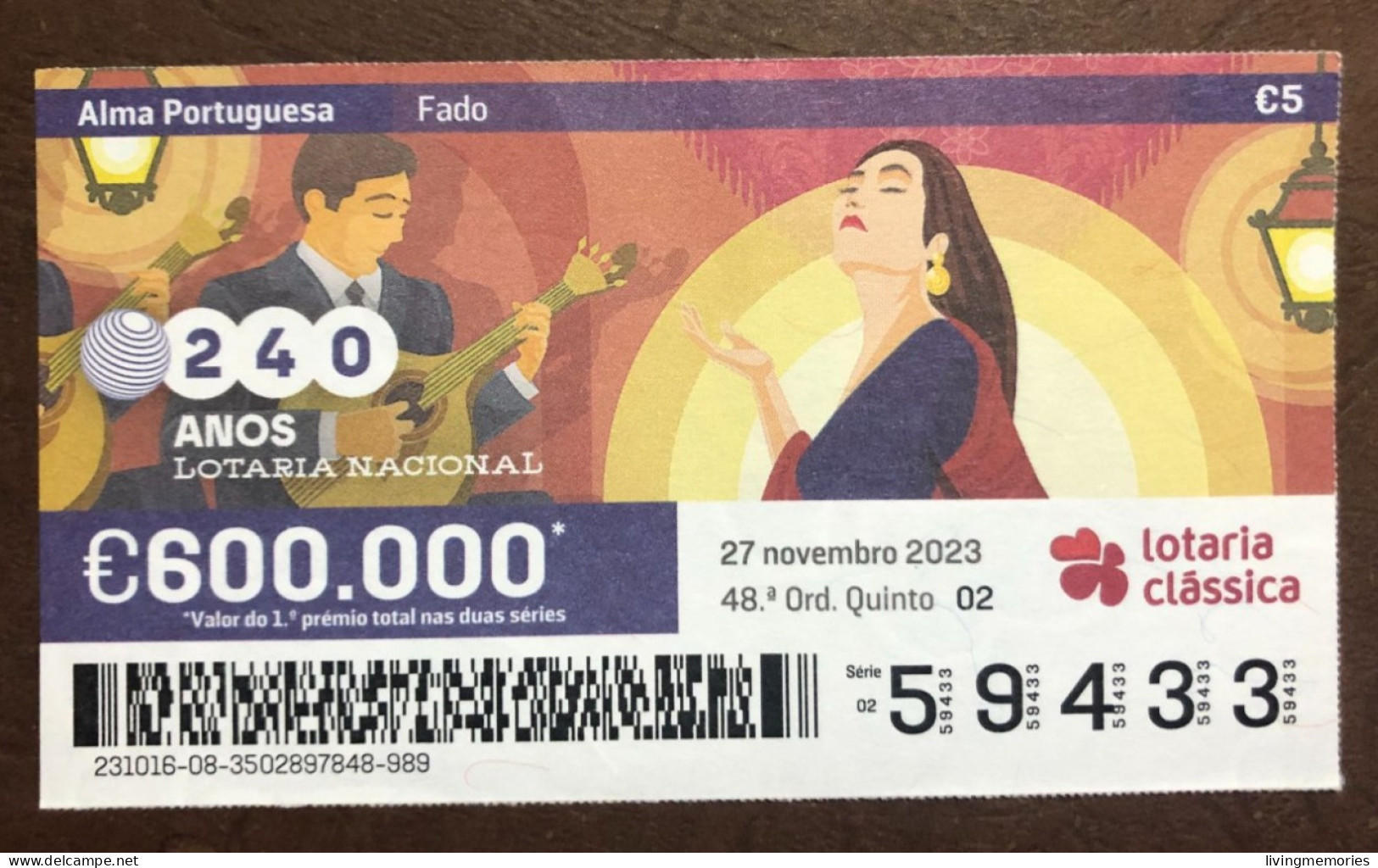 116 G, 1 X Lottery Ticket, Portugal, « Alma Portuguesa »,« Portuguese Soul » « Fado », « Songs », « Guitar », 2023 - Billetes De Lotería