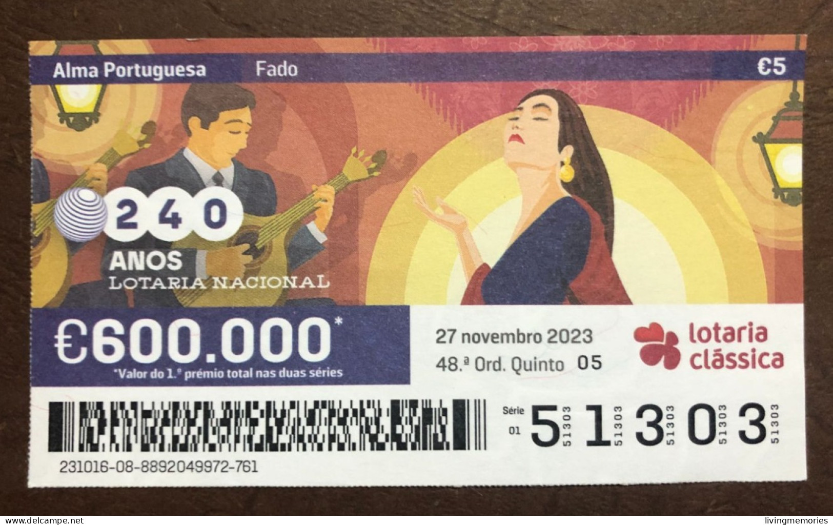 116 G, 1 X Lottery Ticket, Portugal, « Alma Portuguesa »,« Portuguese Soul » « Fado », « Songs », « Guitar », 2023 - Billetes De Lotería