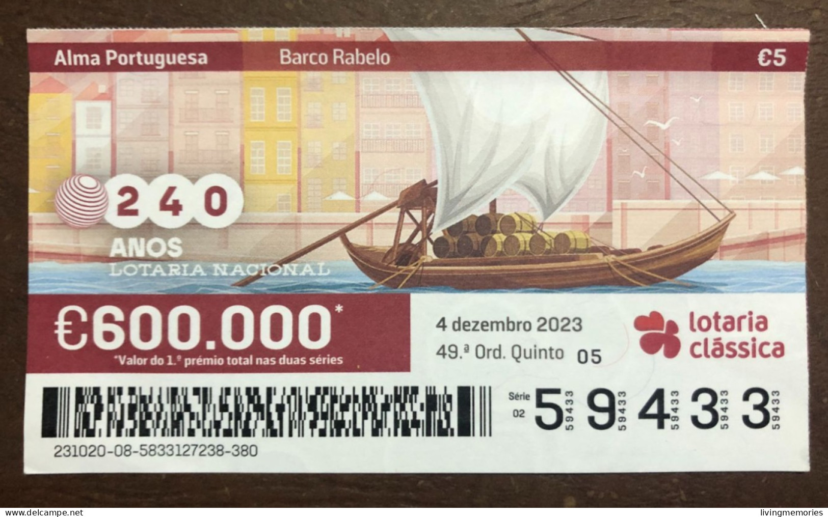 116 G, 1 X Lottery Ticket, Portugal, « Alma Portuguesa »,« Portuguese Soul » « Barco Rabelo », « Boats », « Porto »,2023 - Billetes De Lotería