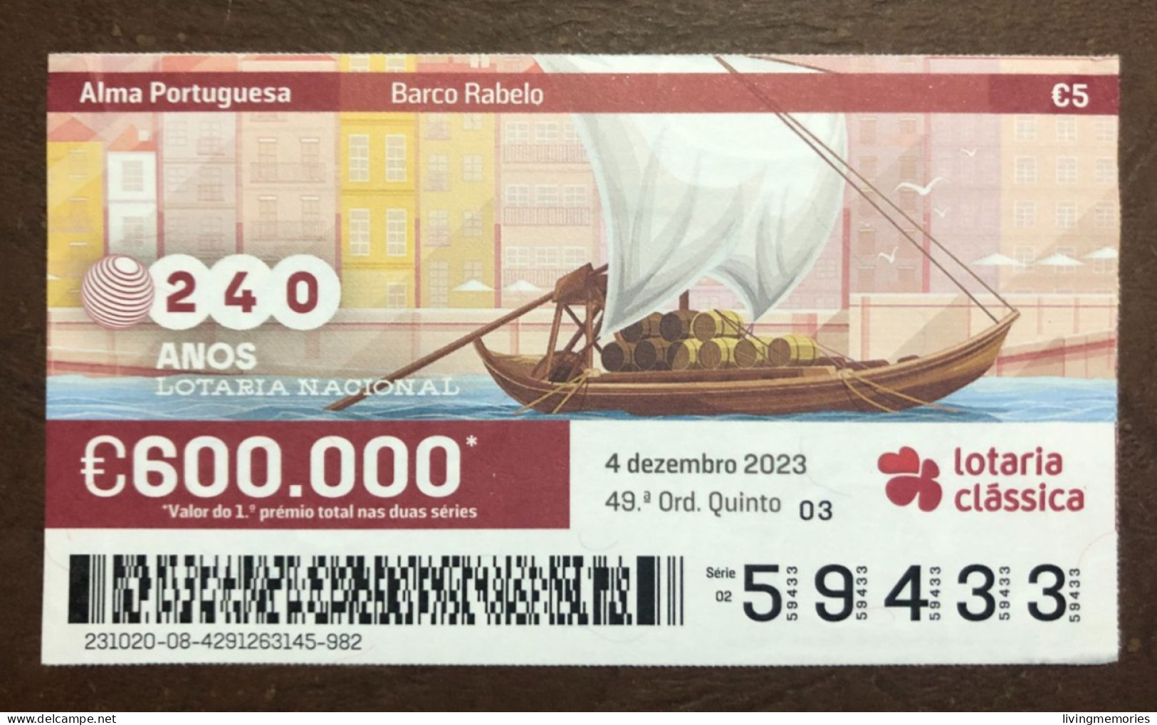 116 G, 1 X Lottery Ticket, Portugal, « Alma Portuguesa »,« Portuguese Soul » « Barco Rabelo », « Boats », « Porto »,2023 - Billetes De Lotería