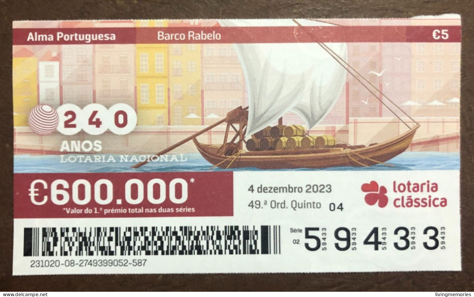 116 G, 1 X Lottery Ticket, Portugal, « Alma Portuguesa »,« Portuguese Soul » « Barco Rabelo », « Boats », « Porto »,2023 - Billetes De Lotería